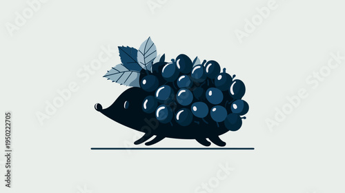 A stylized hedgehog illustration, shaded dark blue and filled with berries, with leaves on top