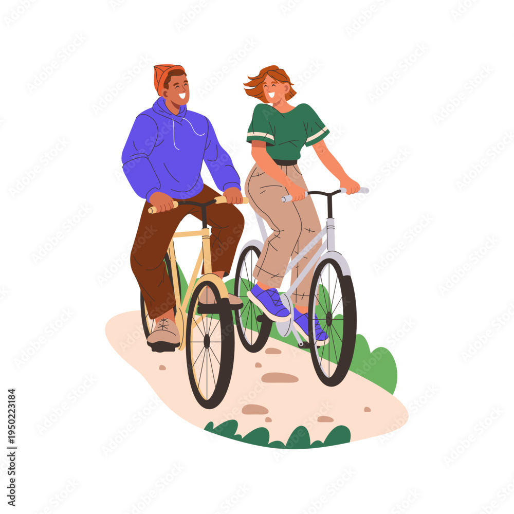 Obraz premium Man and woman riding bicycles, smiling and talking. Vector in flat style, isolated couple on bikes training or having fun on weekends, traveling and exploring local places. Young cyclists on road