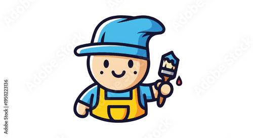 Cartoon painter character with brush and paint drops on white