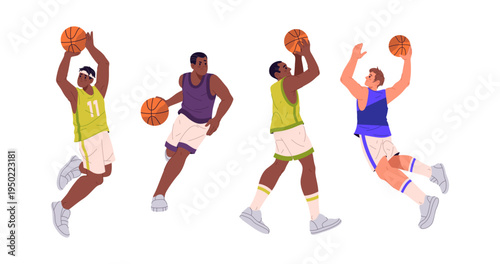 Dribbling players basketball athletes controlling balls. Vector set of male basketballers playing game. Training or practicing for match. Sportsmen in motion. Competition and team sport