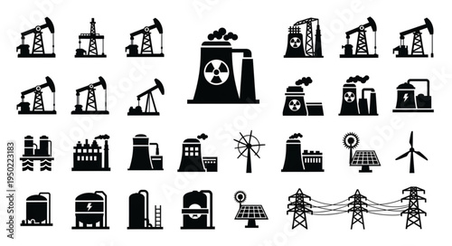 Diverse Energy Production Icons - Oil Rigs, Nuclear, Wind, Solar, and Power Lines.