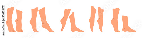 Women feet in walking or dancing positions, collection of elegant shape of girl legs. Vector girls ankles and fingers. Minimalist line art of model. Female body parts set. Treatment and wellness