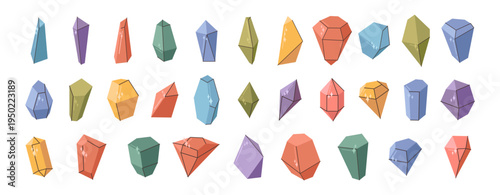 Mineral rocks with glowing, isolated cartoon precious stones or gems. Vector set of diamonds and jewels. Brilliant or crystal with facets and sides. Gemstones jewelry and decoration