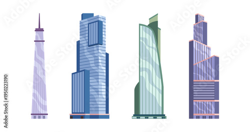 High raises, isolated modern skyscrapers with unique structure. Vector in flat style, architecture of big city. Cityscape or skyline with tall buildings, business downtown or center of capital