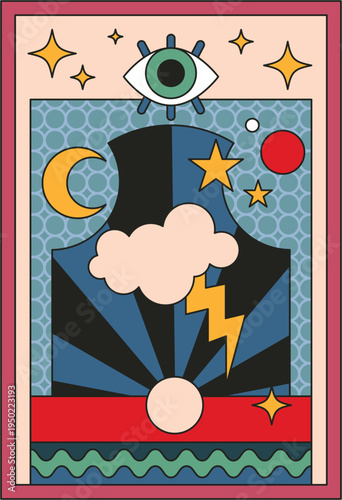 Psychedelic groovy card or badge with eye, crescent moon and stars, cloud and thunderbolt. Vector in flat style, abstract geometric shapes and space elements, vintage and retro design artwork