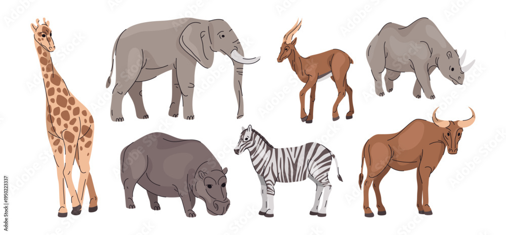 Fototapeta premium Wildlife diversity and African animals. Vector isolated savanna mammals collection. Giraffe and zebra, elephant and rhinoceros, antelope and hippopotamus. Fauna and jungle creatures set