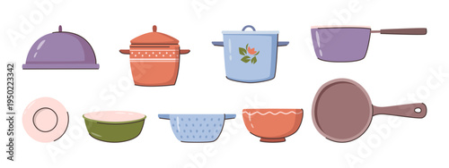 Kitchen utensils for preparing, storing and consuming food. Vector isolated pots and pan, bowl and plate, saucepan and lid. Stainless steel and porcelain kitchenware for frying and cooking dishes