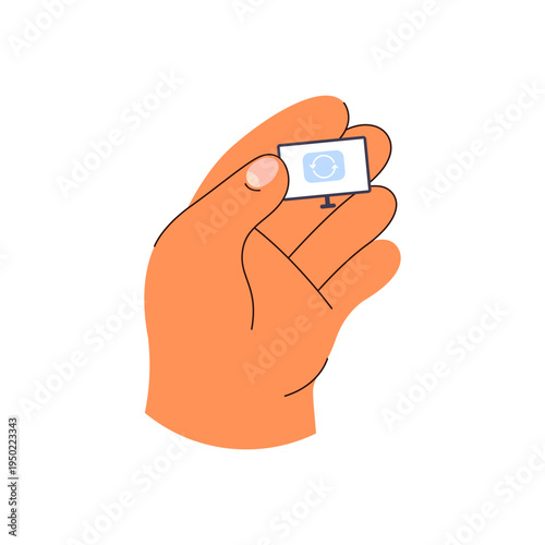 Display with media file in giant hand. Vector in flat style, isolated metaphor for gadget addition. Modern technologies and usage in personal life. Information resource device, cartoon icon