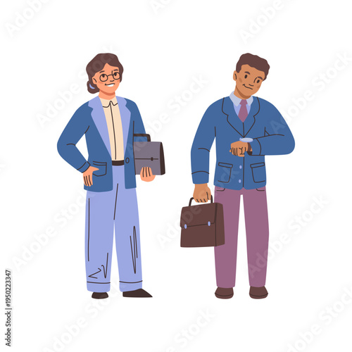 Children in businessman and businesswoman costumes with bags for documents. Vector characters in profession role playing. Commerce and teamwork, leadership and developing essential social skills