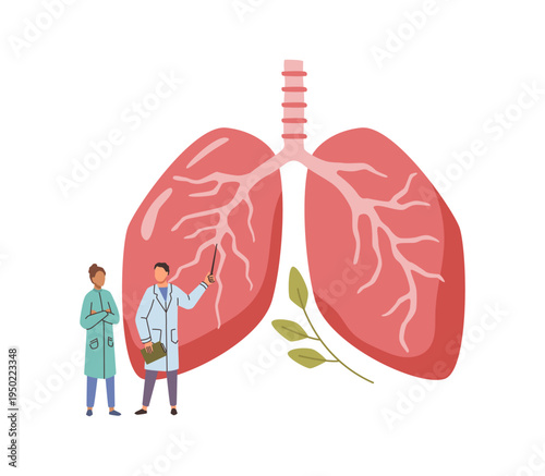 Lung examination, clinical assessment performed to evaluate condition and function of respiratory organ. Vector little doctors assessing bronchial system. Health care and treatment of air sac