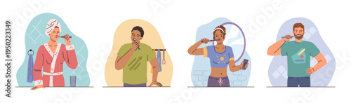 Dental care and oral hygiene, cartoon characters brushing teeth. Vector daily morning routine. Healthcare and medicine, freshness of breath and bacteria free oral cavity. Healthy enamel and root