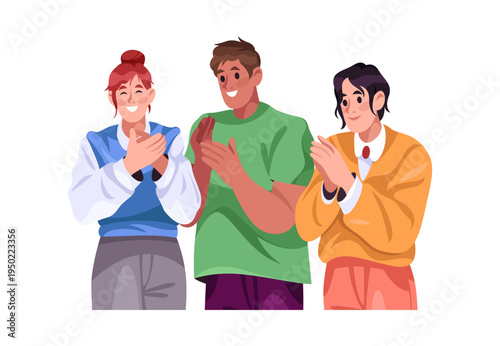 Cheerful people applauding with smiles. Vector group celebration, recognition and encouragement. Isolated male and female characters clapping hands. Community support and emotional positivity