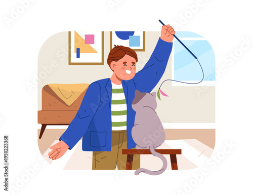 Cute boy character playing with cat. Vector in flat style, schoolboy having fun, teasing domestic pet with stick with feather and thread. Daily routine and everyday life of kiddo, lifestyle