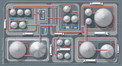 Aerial View of Industrial Plant with Storage Tanks and Pipelines.