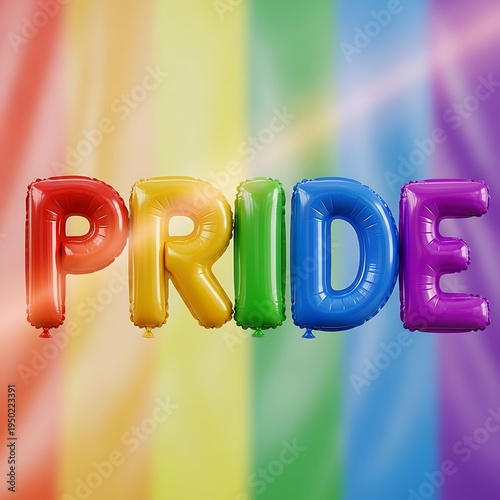 Five colorful inflatable letters spell the word pride against a blurred rainbow background