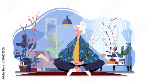 Senior woman meditation mindfulness relaxation indoor plants peaceful living room cozy home decor modern interior