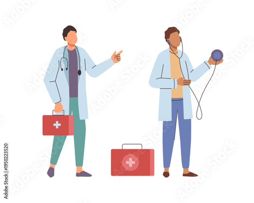 Paramedics with medicine box and stethoscopes. Vector medical staff, workers doing auscultation in clinic or hospital. Doctors making clinical assessment to evaluate the health and function