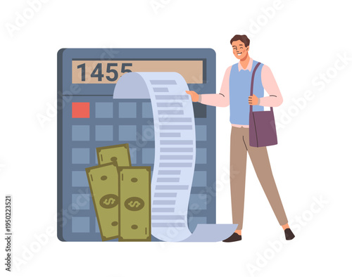 Small man character with long receipt from shop. Vector isolated man with payment bills and calculator. Budgeting and managing expenses, saving cash or making transaction, accounting info