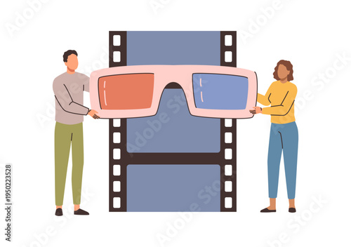 Film strip and small people holding 3d glasses to watch movie. Vector isolated characters enjoying weekend with cinematography. Premiere or festival, cinema industry presentation and performance