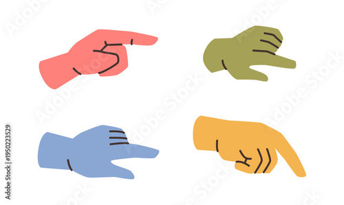 Hand gesture set that showing way or choosing. Vector isolated palms and index fingers pointing bent slightly in direction being indicated. Signal to attract attention, indication something