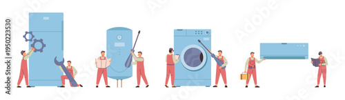 Home appliances fixing and maintenance by specialists. Vector in flat style, isolated repairment of boiler and washing machine damage, air conditioner and refrigerator, help with analysis of issue
