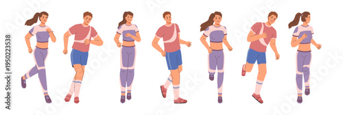 Warming up men and women training. Vector in flat style, isolated male and female characters working out or jogging. Runners preparing for marathon sprint, long distance run. Athletes sportive people