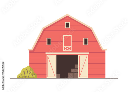 Farm central building for storing equipment, hay and feed. Vector isolated exterior of housing with stocks of straw with bush. Wooden barn with open doors and gambrel foot for extra loft space