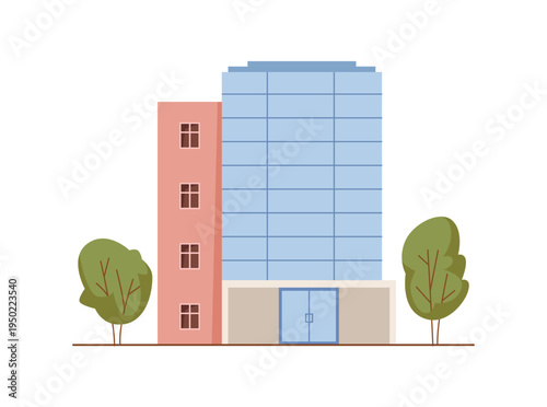 Bank building exterior, isolated facade of government institution. Vector modern building with panoramic windows and entrance. Neat territory and landscape with trees and greenery. City infrastructure
