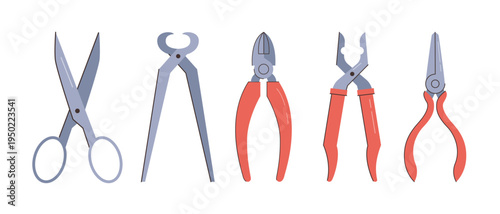 Equipment and tools for work. Vector in flat style, isolated set of pliers and pincers for repairing and construction, carpentry and plumbing. Scissors with sharp blade, handyman and worker kit