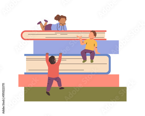 Small kids and big books. Vector isolated pupils, children reading and learning, developing skills. Modern education and improvement, preschool personages. Studying students, climbing on textbook