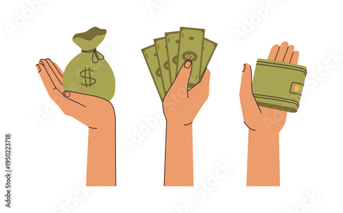 Money in hands of character. Vector in flat style, isolated dollar banknotes and sack of financial assets. Investment and deposit interest, savings and budget. Profit or salary, earnings payday