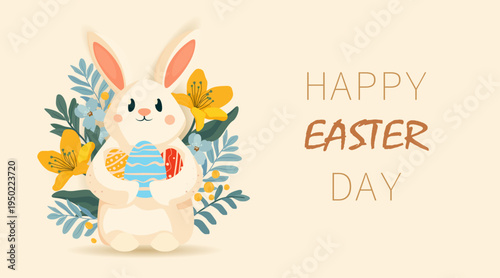 Easter bunny holding decorated eggs floral bouquet pastel yellow background holiday celebration greeting card