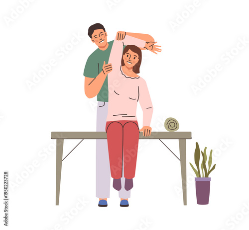 Cartoon female character sitting on table, professional masseur therapist doing healing massage. Vector patient hand treatment by manual physiotherapy. Rehabilitation of physical therapy