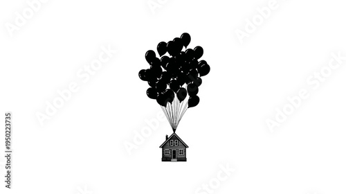 A house depicted by a silhouette being lifted into the air by black balloons against a white background