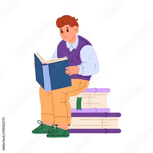 Kid boy reading book, literature lessons and development of critical thinking. Vector in flat style, isolated child character, kiddo enjoying novel in library or home. Leisure or hobby of personage