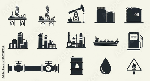 Oil and Gas Industry Icons - Offshore Platforms, Refineries, and Transportation.