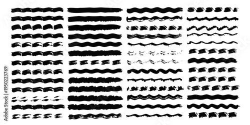 Collection of diverse black brush strokes and textured wave patterns