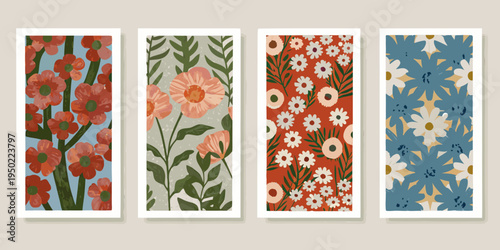 Four botanical illustrations of floral patterns in rectangular frames