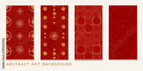 A series of five rectangular abstract art backgrounds in red and gold