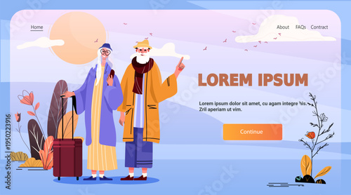 Active seniors travel adventure elderly couple outdoors modern landscape suitcase autumn plants website landing page