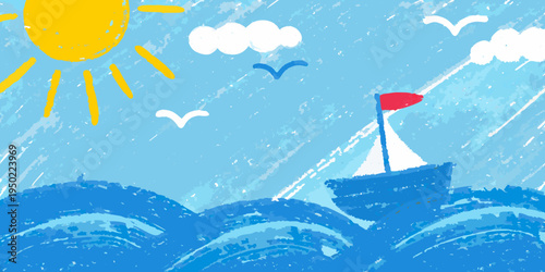 Child s drawing depicts a sunny seascape with a sailboat and birds