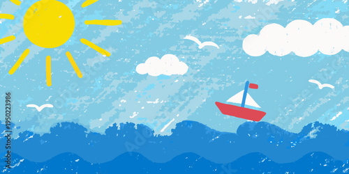 A child s crayon drawing of a sunny seascape with clouds and a sailboat