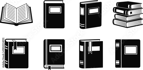 Black and white of eight books in various orientations book covers book spines book pages