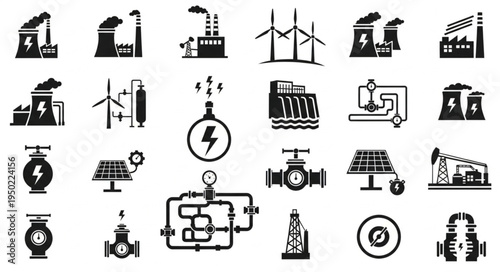 Collection of Energy Production Icons - Factories, Wind Turbines, Solar Panels.