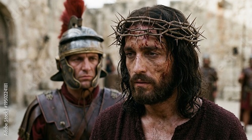Man with crown of thorns in biblical scene with Roman soldier during crucifixion