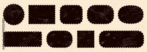 Black vector shapes with scalloped zigzag edges and grunge texture, Callout round, square and rectangular graphic design elements, text boxes for labels, gift and sale tags