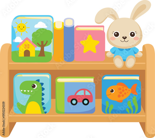 Cartoon bunny sitting on a wooden bookshelf with children's books