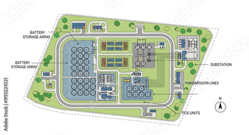 Overhead View of an Industrial Facility with Various Structures.