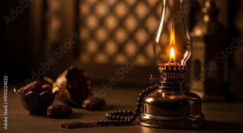 Illuminated antique oil lamp sits beside a bowl of dates and prayer beads in warm, dim lighting