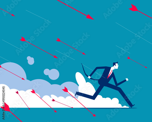 Investments lose. Frustrated businessman pierced by falling arrows